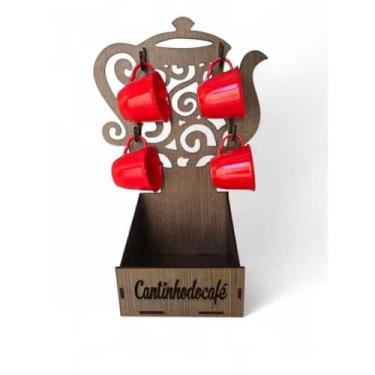 Imagem de Suporte Bule + 4 Xícaras Cantinho do Café Chá Escolha Cor Porta Xícaras Cozinha Organizador Bandeja (Bule Marrom C/Xicara Vermelho)