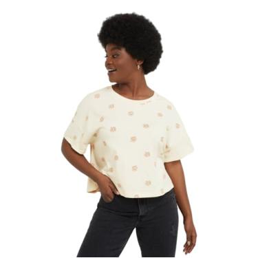 Imagem de Hanes Camiseta feminina Originals Boxy com mangas enroladas, top cropped de algodão, pequena flor natural, Natural Little Bloom, M