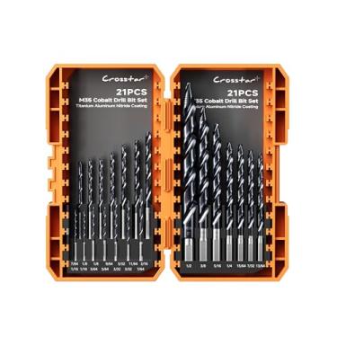 Imagem de Crosstar Conjunto de brocas de ponta escalonada de cobalto - 21 peças 1/40.6 cm-1/5.1 cm Cabeça de broca revestida TiAlN, brocas de trabalho M35 HSS, sem pré-perfuração, haste plana de 3 peças, com