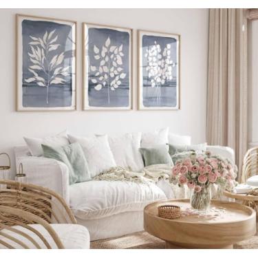 Imagem de 3 peças de impressão de arte de parede azul marinho botânico folha pôster eucalipto azul eucalipto pintura de parede em tela para decoração de casa de fazenda com moldura interna