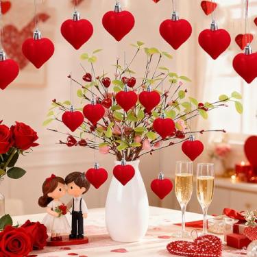 Imagem de 9 peças de enfeites de coração vermelho flocado, enfeites de coração para pendurar no dia dos namorados, decorações para casa, Natal, feriado, casamento (4,5 cm)