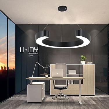 Imagem de Luminária de teto LED estilo industrial semicircular para sala de conferências, 6000K, altura ajustável, luminária pendente criativa para escritório (60cm de comprimento, preta)
