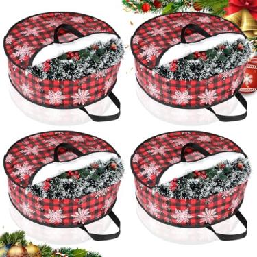 Imagem de 4 recipientes de armazenamento de guirlanda de Natal, saco de armazenamento de árvore de Natal de 61 cm, grande guirlanda xadrez de búfalo, caixa decorativa à prova d'água para armazenar guirlandas