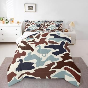 Imagem de Feelyou Jogo de cama casal com pato selvagem, para meninos, adolescentes, crianças, caça, camuflagem, marrom, azul-marinho, militar, camuflagem, edredom e decoração de casa selvagem