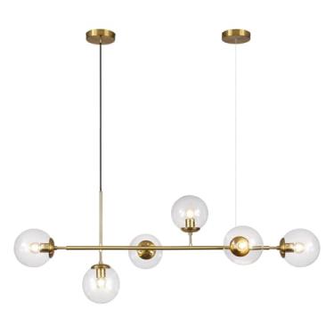 Imagem de Lustre de bolhas com 6 luzes, globo de vidro transparente e detalhes em latão dourado, estilo moderno de meados do século XX, ideal para sala de estar, ilha de cozinha e sala de jantar.