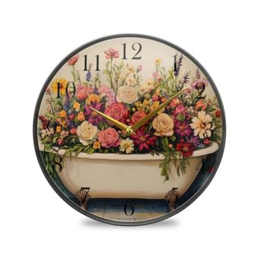 Imagem de ALAZA Boho Floral Banheira Flores Relógio de Parede Sem Tique-taque Silencioso Operado por Bateria Relógio Decorativo Redondo para Casa Sala de Estar Cozinha Escritório Dormitório Decoração