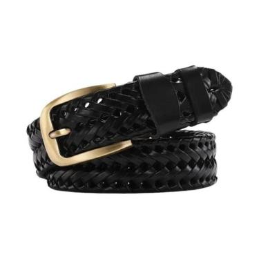 Imagem de Cinto Masculino De Couro Genuíno Trançado Com Fivela Dourada De Alta Q