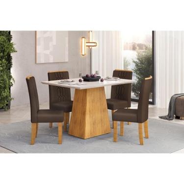 Imagem de Conjunto: Mesa Sala Jantar Dulce c/ Tampo Madeirado c/ Vidro Reto 120x90cm e 4 Cadeiras Zoe Cedro/Off White - Suede Moca - DJ Móveis