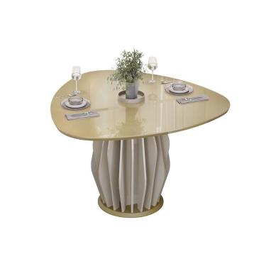 Imagem de Mesa De Sala Jantar Tokyo C/ Tampo Madeirado C/ Vidro Orgânico 136x136cm Off White/dourado - Dj Móveis