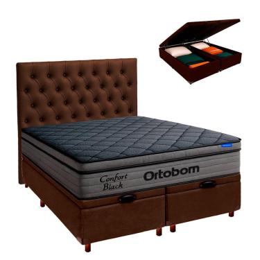 Imagem de Baú Marrom + Cabeceira + Colchão Queen Confort Black Ortobom