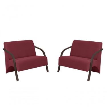 Imagem de Kit 2 Poltronas Namoradeira 2 Lugares Suede Madeira Bordô
