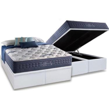 Imagem de Cama Box Baú Queen: Colchão Molas MasterPocket Ensacadas Anjos   Blue Sea + Base CRC Courano Branco(158x198)