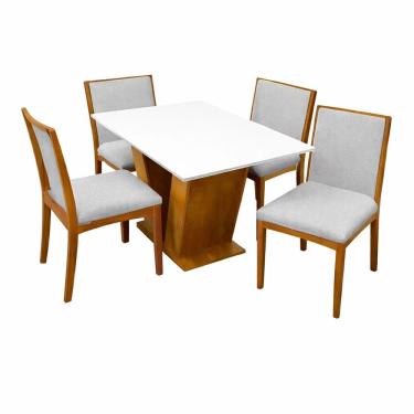 Imagem de Conjunto Mesa de Jantar Classic 120x80cm com Tampo de Vidro e 4 Cadeiras Lara em Linho Cinamomo/Off White Tecido Cinza - Cel Móveis