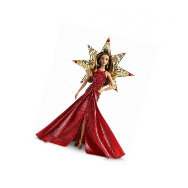 Imagem de Boneca Barbie Signature 2017 Holiday Teresa Mattel colecionador morena vestido vermelho metálico estrela dourada suporte exposição