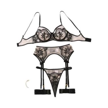 Imagem de Conjunto De Lingerie Feminino Com Bordado De Flores, 4 Peças, Cor Pura