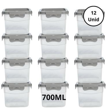 Imagem de Kit 12 Potes Quadrado Com 4 Travas 700ML Cinza - Giotto
