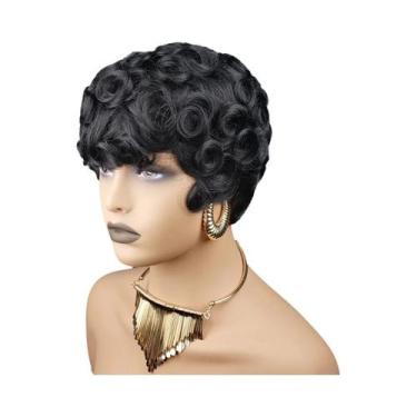 Imagem de Peruca Pixie Curta Preta Cacheada Formato Ovo Cabelo Humano Brasileiro