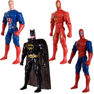 Imagem de Boneco Articulado Quarteto de Heróis 29cm Liga da Justiça e Vingadores com Articulações Completas Vermelho Azul Dourado