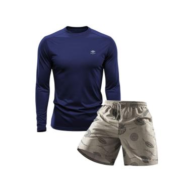 Imagem de Conjunto Masculino Short Estampado Praia Verão e Camiseta Dry Manga Longa Proteção UV-M...