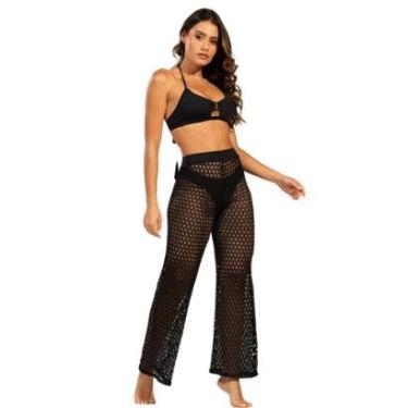 Imagem de Calça Saída de Praia Bella Fiore Tricot Flare Cintura Alta Verão Moda Praia-Feminino