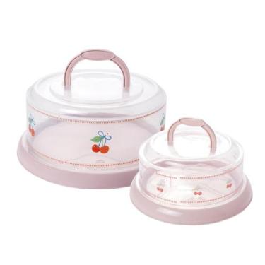 Imagem de Kit Boleira Base Prato de Bolo Queijeira Porta Queijo Tampa Rosca Rosa
