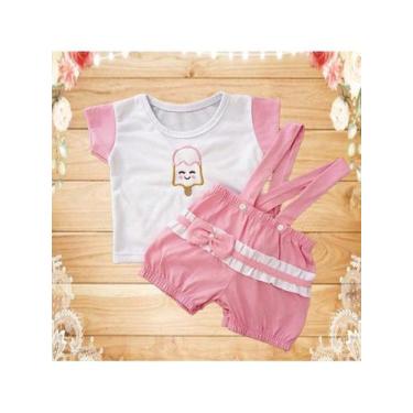 Imagem de Conjunto Macacão Curto Jardineira + Camiseta Bordada Bebe Menina RN ou