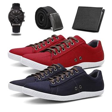 Imagem de KIT 2 Sapatenis Masculino Tenis Casual Conforto + Cinto + Carteira + Relógio - Preto/Vermelho - 37