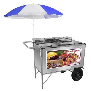 Imagem de Carrinho de Salada de Frutas e Açai Luxo com Rodas Pneumáticas e Guarda Sol - Cefaz