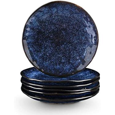 Imagem de vicrays Pratos de salada de sobremesa de cerâmica, 20 cm, conjunto de 6, redondos, seguros para micro-ondas, forno e lava-louças, resistente a arranhões, caneladas de porcelana adequadas para lanches,