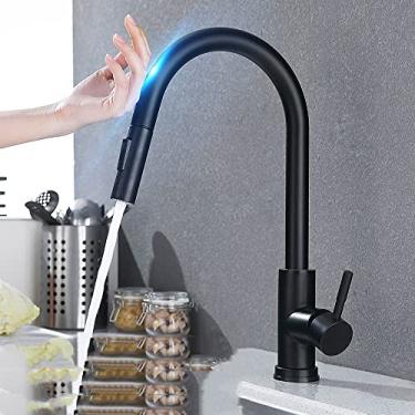 Imagem de Pull Out Sensor Preto Torneiras de Cozinha Aço Inoxidável Inteligente Indução Misturada Torneira Touch Control Torneira De Cozinha,Preto,China