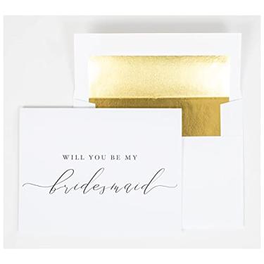 Imagem de Cartões Will You Be My Bridesmaid Cards 10 x 14 cm, cartão branco dobrado com caligrafia preta com envelopes revestidos de folha dourada, 6 cartões de dama de honra, 1 cartão de dama de honra e 1 conjunto de cartão de matrona de honra estilo minimalista elegante