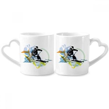 Imagem de Conjunto de canecas de porcelana para casais em aquarela, esportes, atletas de inverno, estilo livre, esqui, estilo livre, conjunto de canecas de cerâmica para amantes de coração