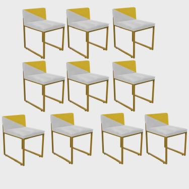 Imagem de Kit 10 Cadeira Office Lee Duo Sala de Jantar Industrial Ferro Dourado Sintético Branco e Amarelo - Ahazzo Móveis