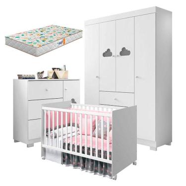 Imagem de Quarto de Bebê Ane com Berço Americano Tico Branco Brilho e Colchão Gazin - Phoenix Baby