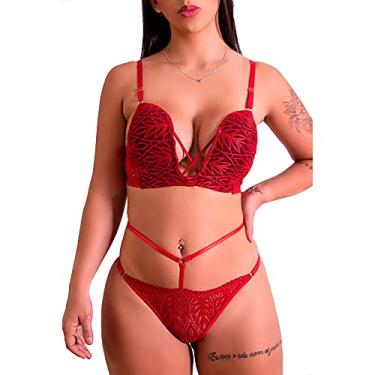 Imagem de LINGERIE FASCINO - Conjunto de Sutiã Decotado Com Detalhe em Strappy E Calcinha Com Renda Vermelho Tamanho G