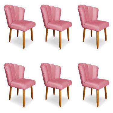 Imagem de Kit 6 Cadeiras De Jantar Pétala Estofada Pés Palito Veludo Rosa - Mont