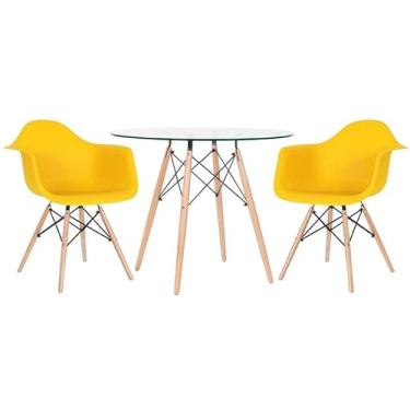Imagem de Loft7, Mesa redonda Eames com tampo de vidro 90 cm + 2 cadeiras Eiffel DAW Marrom