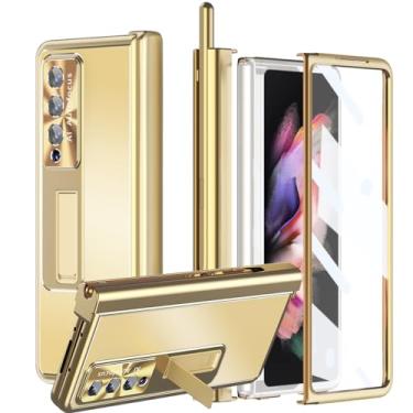 Imagem de LOOBIVAL Capa para Samsung Galaxy Z Fold 5 4 3 5G liga de alumínio metal, suporte com 2 dobradiças, com caneta, protetor de tela de vidro, proteção de câmera, capa resistente masculina e feminina (ouro, dobra 4)
