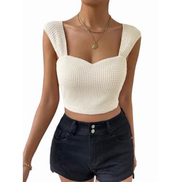 Imagem de MakeMeChic Camiseta feminina de gola redonda lisa cropped blusa casual frente única slim fit cami camisas, Bege, P