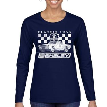 Imagem de Camiseta feminina clássica 1965 Shelby GT350 manga longa lenda retrô americana Mustang Cobra Muscle Car Racing Powered by Ford, Azul marinho, GG