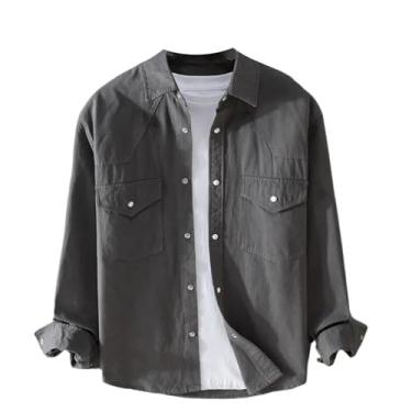 Imagem de Camisetas masculinas de veludo cotelê primavera outono sólido algodão diário casual manga longa bolsos camisa simples tops, Cinza, GG