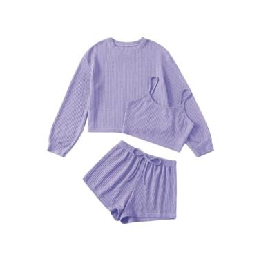 Imagem de COZYEASE Conjunto de pijama feminino de 3 peças de malha canelada, camiseta e shorts de manga comprida, Roxo lilás, P