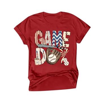 Imagem de PKDong Camiseta feminina de beisebol com estampa engraçada 2024 Baseball Mom camisetas femininas gola redonda casual verão, Z01 Vermelho, P