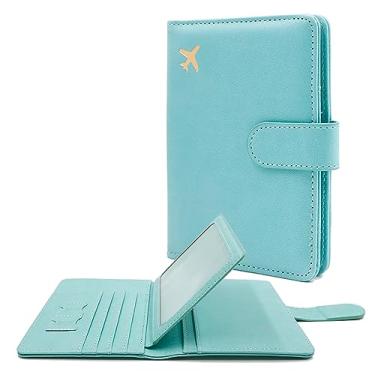 Imagem de Deziliao DE0072 Passaporte com Airtag, porta-passaporte de couro PU com compartimento para cartão de vacina, carteira de passaporte para homens e mulheres, Verde-água, Minimalista