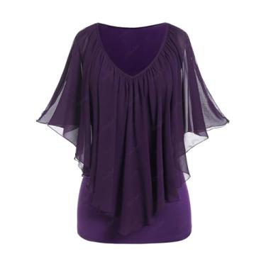 Imagem de ROSE GAL Rosegal Plus Size Blusa feminina sobreposta de camada dupla poncho blusa top capelet top, Roxo Profundo 1, M Plus Size