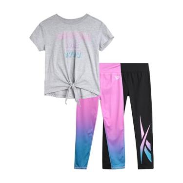Imagem de Reebok Conjunto de leggings ativas para meninas – Camiseta de desempenho de 3 peças e leggings de ioga (4-12), Rosa Omber/Cinza/Preto, 10