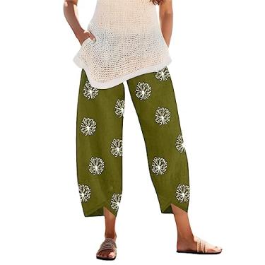 Imagem de Calça feminina larga estampada calça casual cintura flores cintura elástica calça feminina casual 24w, Verde, GG