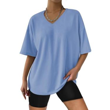 Imagem de ATHMILE Camisetas femininas grandes com gola V, manga curta, túnica moderna 2024 Y2K, casual, Z-azul gelo, G