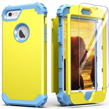 Imagem de IDweel Capa para iPhone 6S, capa para iPhone 6 com protetor de tela (vidro temperado), 3 em 1 capas de policarbonato rígidas resistentes de silicone macio para meninas, amarelo/azul paz