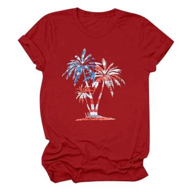 Imagem de Camiseta feminina Summer Independence Day com estampa da bandeira dos EUA, manga curta, caimento solto, gola redonda, Vermelho, XXG